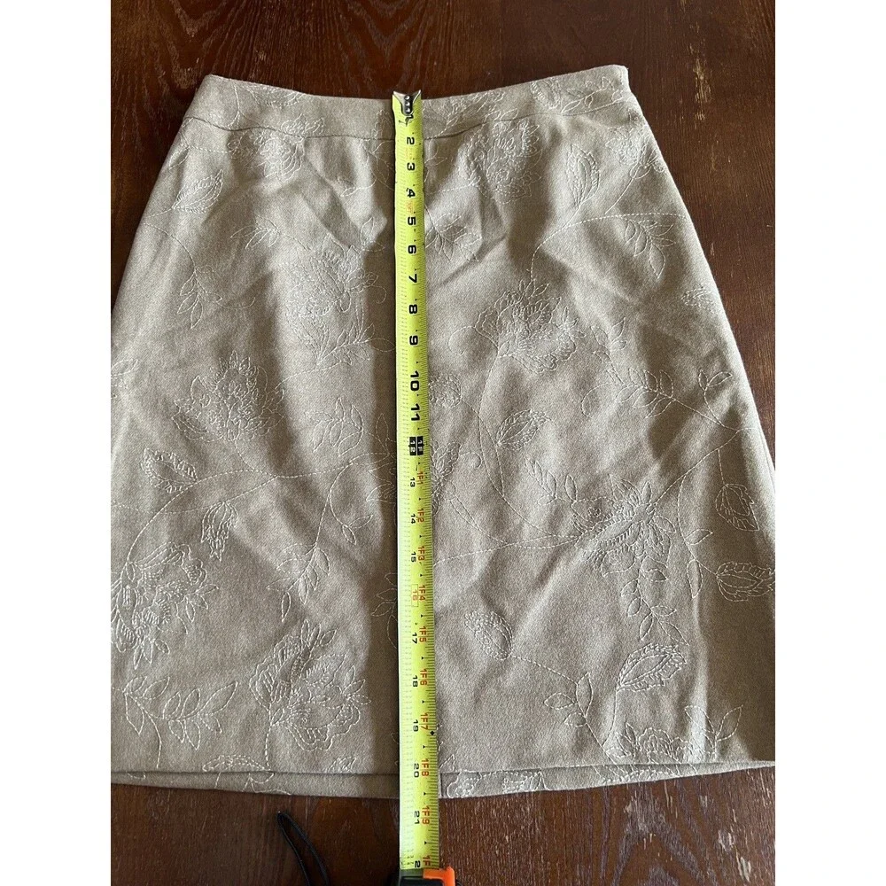 Ann Taylor Skirt Womens 2 Tan Embroidered Wool Blend Lined Mid Length Side Zip
